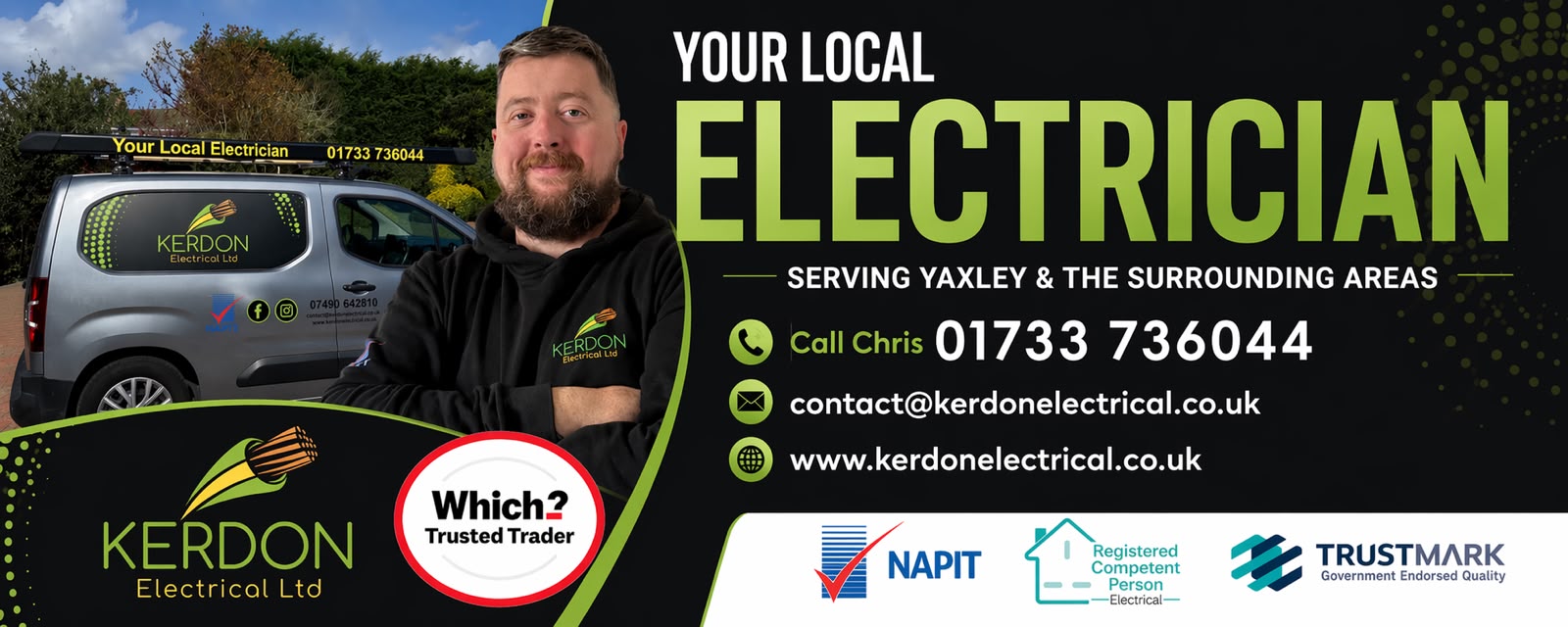 Kerdon Electrical Ltd — your local electrician serving Yaxley and the surrounding areas. Call Chris on 01733 736044.